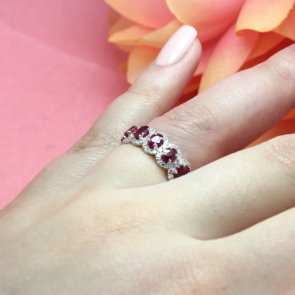 3.20 ct. Genuine Oval Ruby Eternity Ring With Diamond Halo