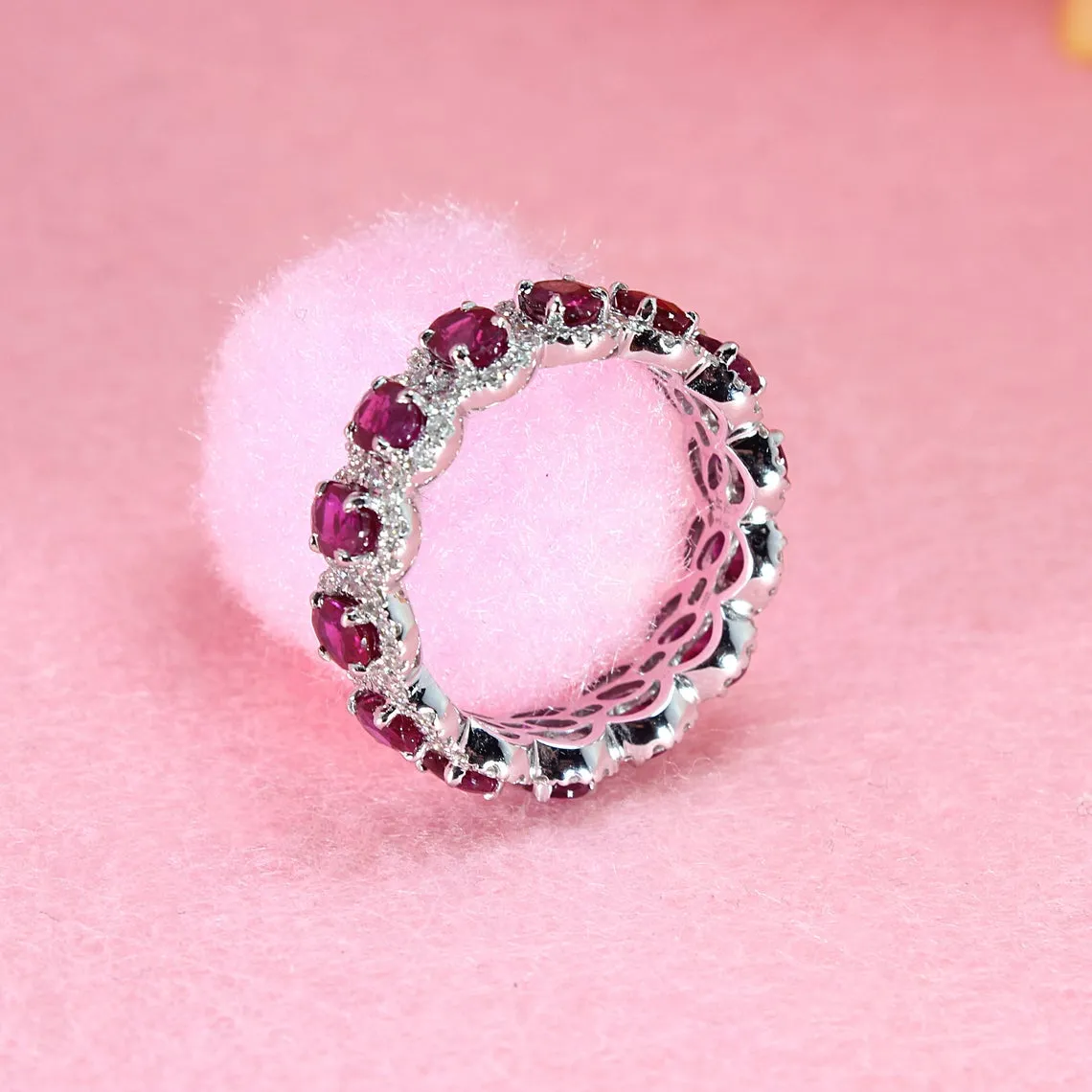 3.20 ct. Genuine Oval Ruby Eternity Ring With Diamond Halo