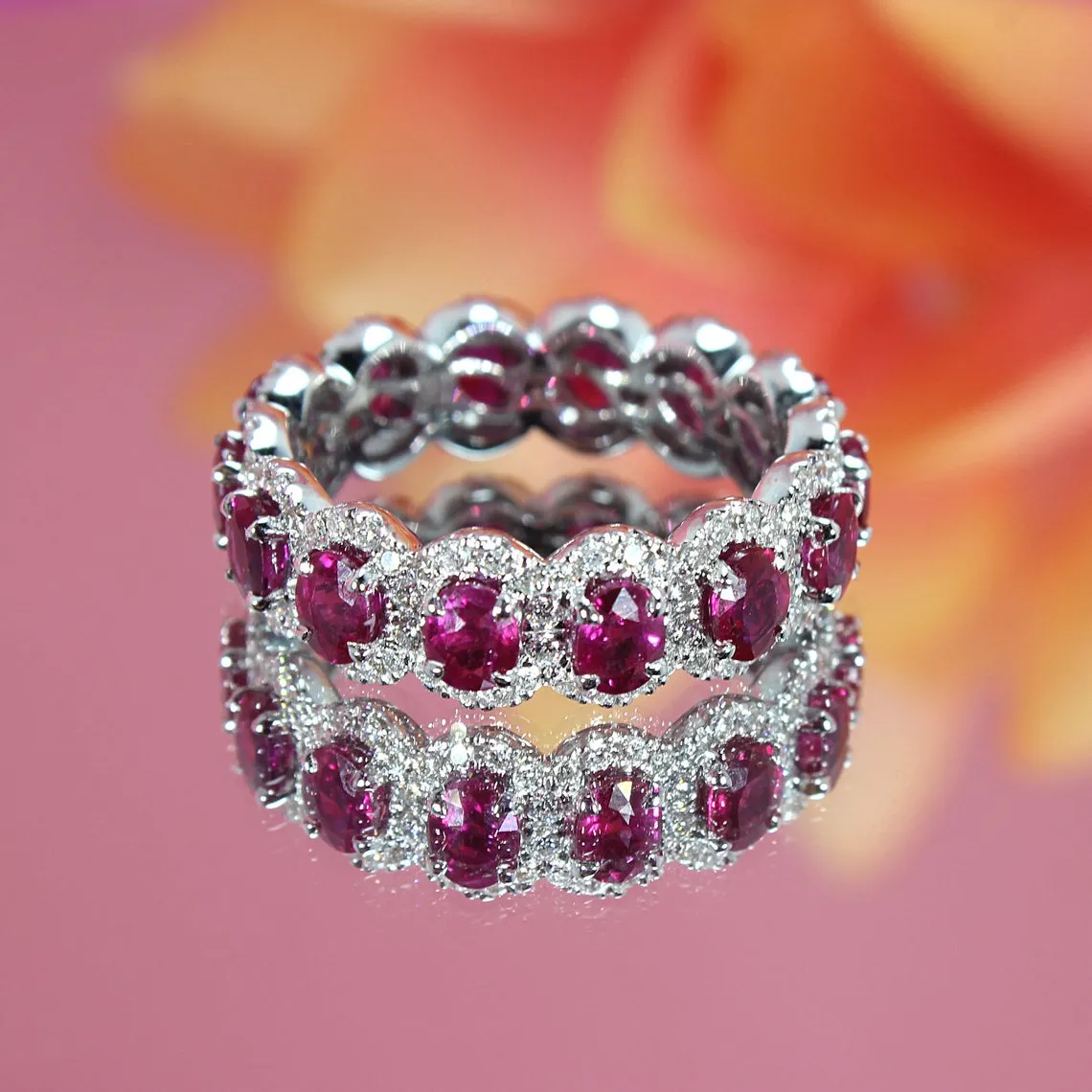 3.20 ct. Genuine Oval Ruby Eternity Ring With Diamond Halo
