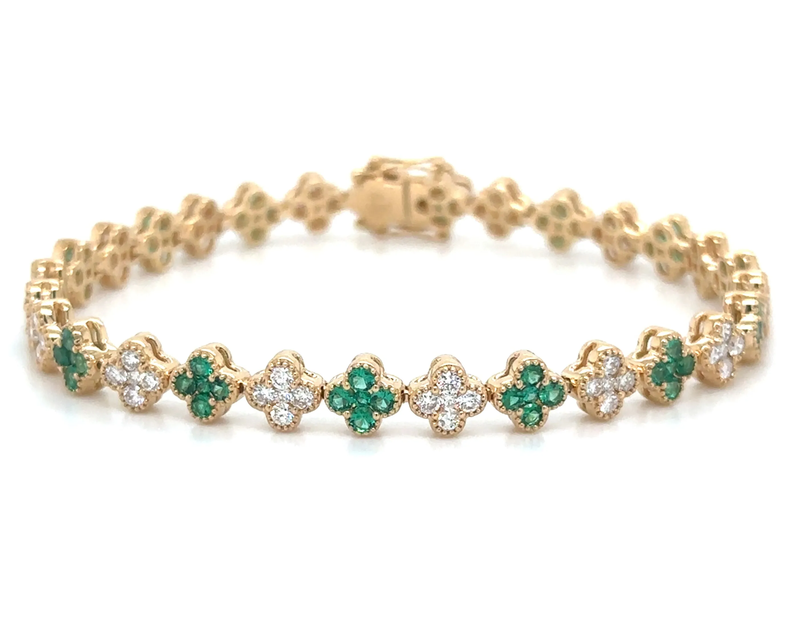 3.43ct tw Emerald Gemstone & Diamond Clover Tennis Bracelet