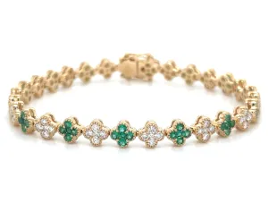 3.43ct tw Emerald Gemstone & Diamond Clover Tennis Bracelet