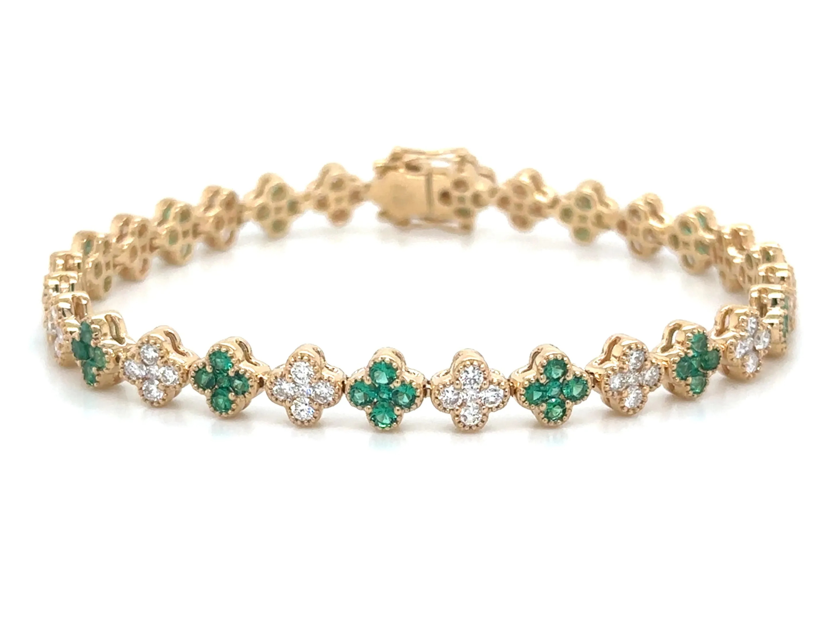 3.43ct tw Emerald Gemstone & Diamond Clover Tennis Bracelet