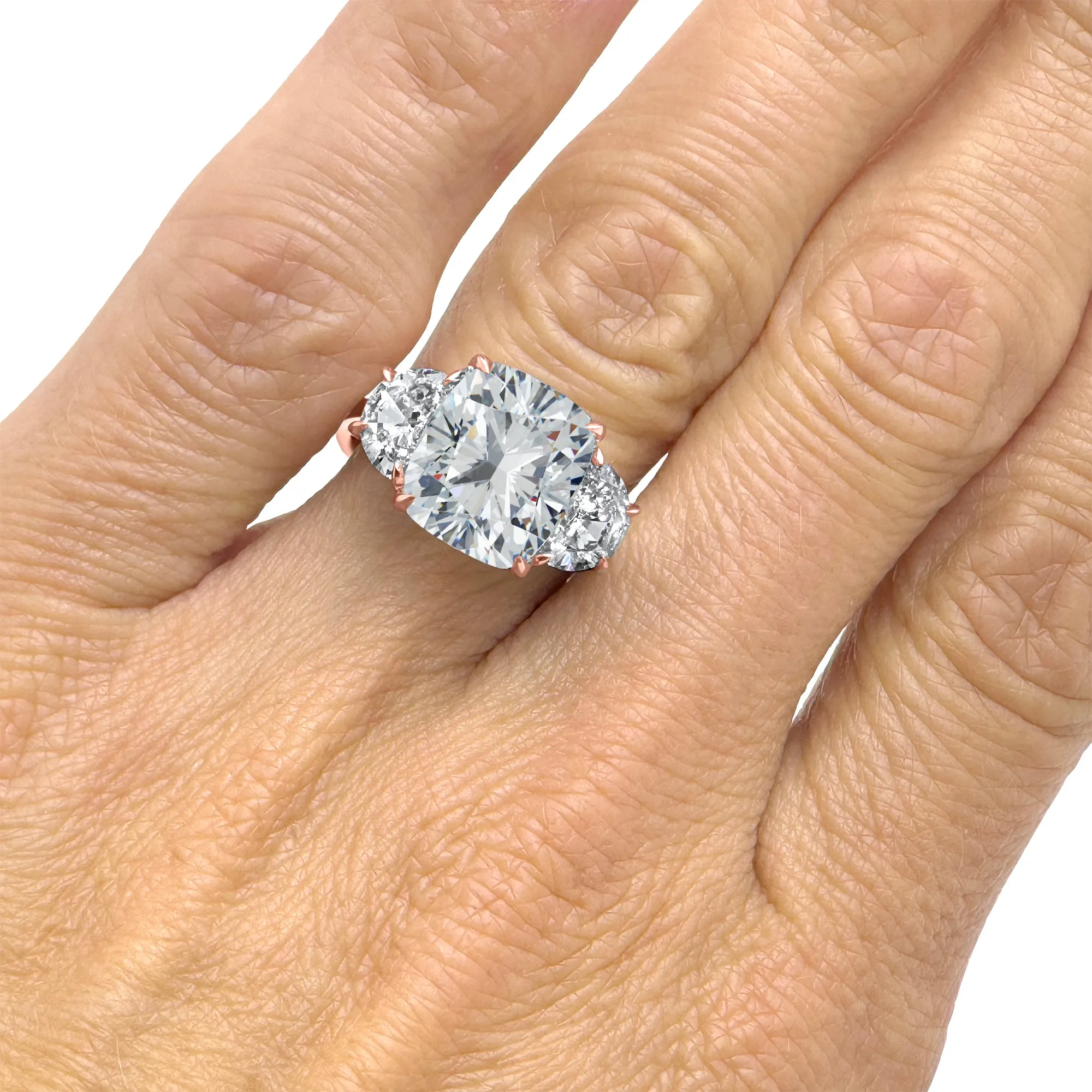 5 Carat 3-Stone Cushion Cut and Half Moons Lab-Grown Diamond Engagement Ring | 14k White, Yellow, or Rose Gold | F Color VS2