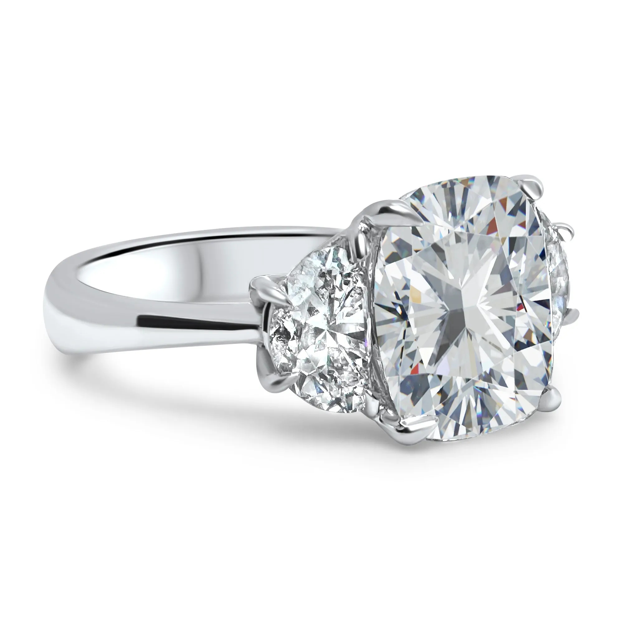 5 Carat 3-Stone Cushion Cut and Half Moons Lab-Grown Diamond Engagement Ring | 14k White, Yellow, or Rose Gold | F Color VS2