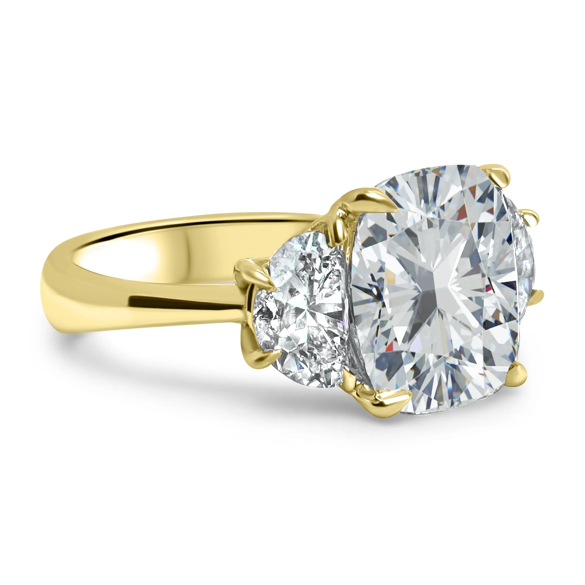 5 Carat 3-Stone Cushion Cut and Half Moons Lab-Grown Diamond Engagement Ring | 14k White, Yellow, or Rose Gold | F Color VS2