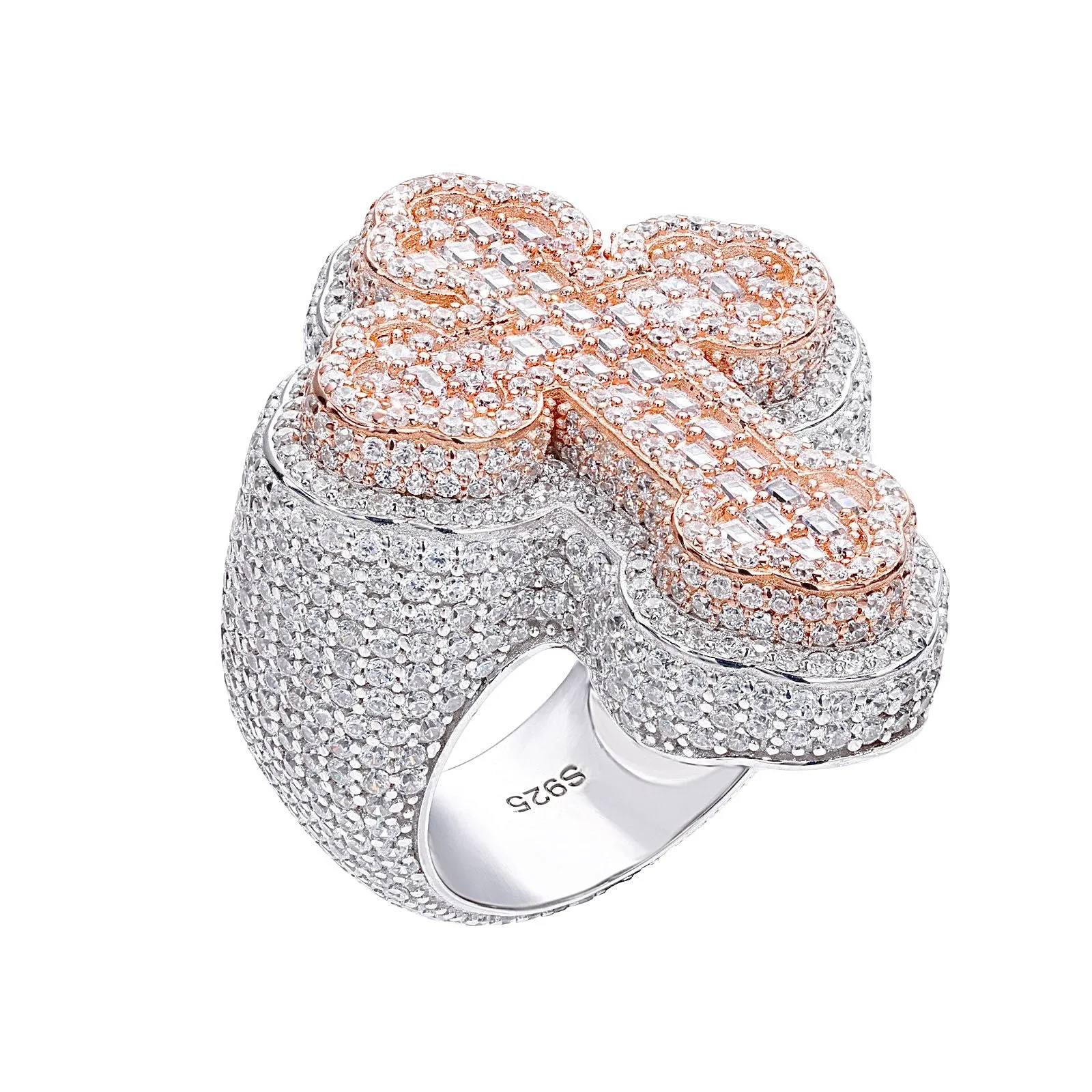 925 Cubic Zirconia Two Tone Silver-Rose 3D Cross Ring - C100059