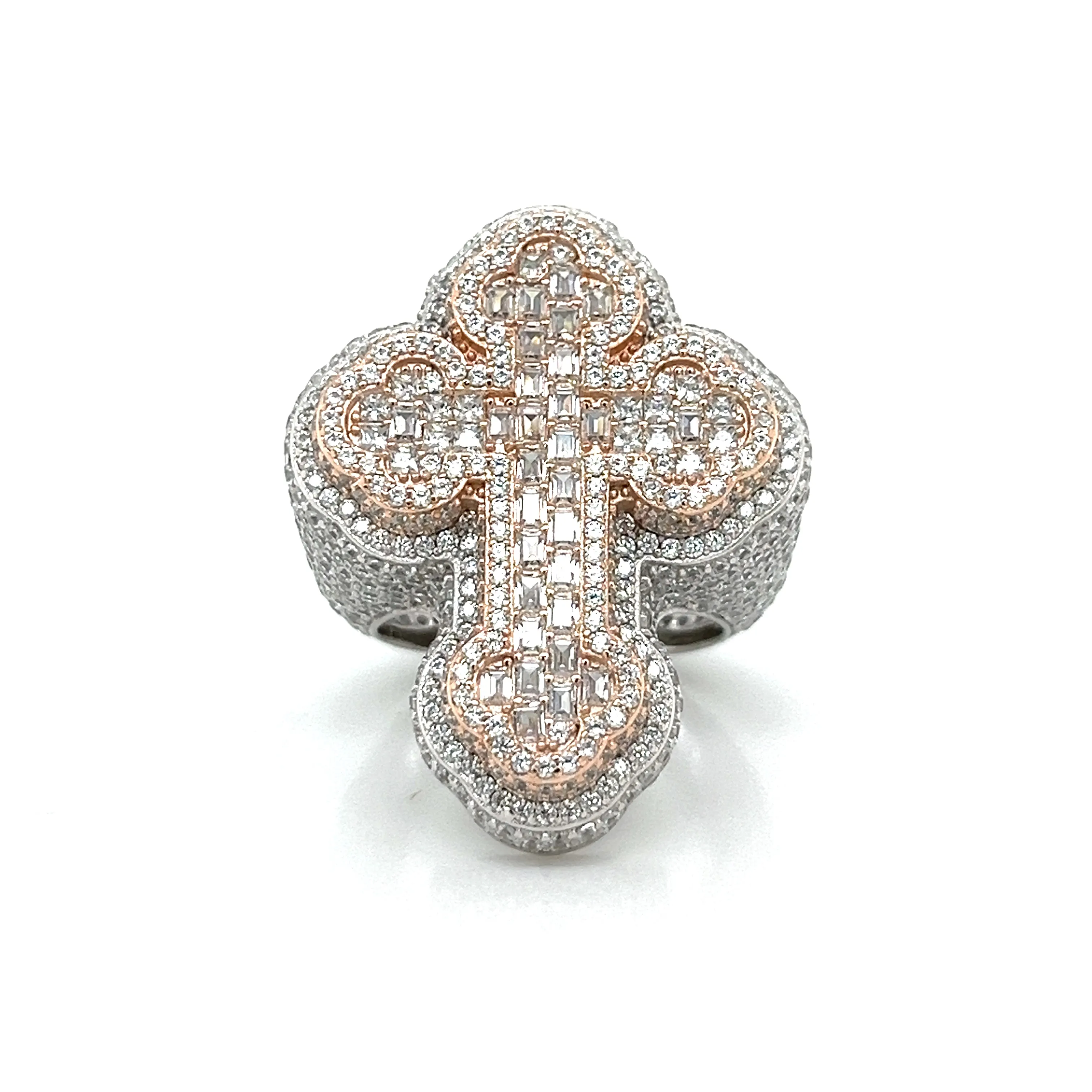 925 Cubic Zirconia Two Tone Silver-Rose 3D Cross Ring - C100059