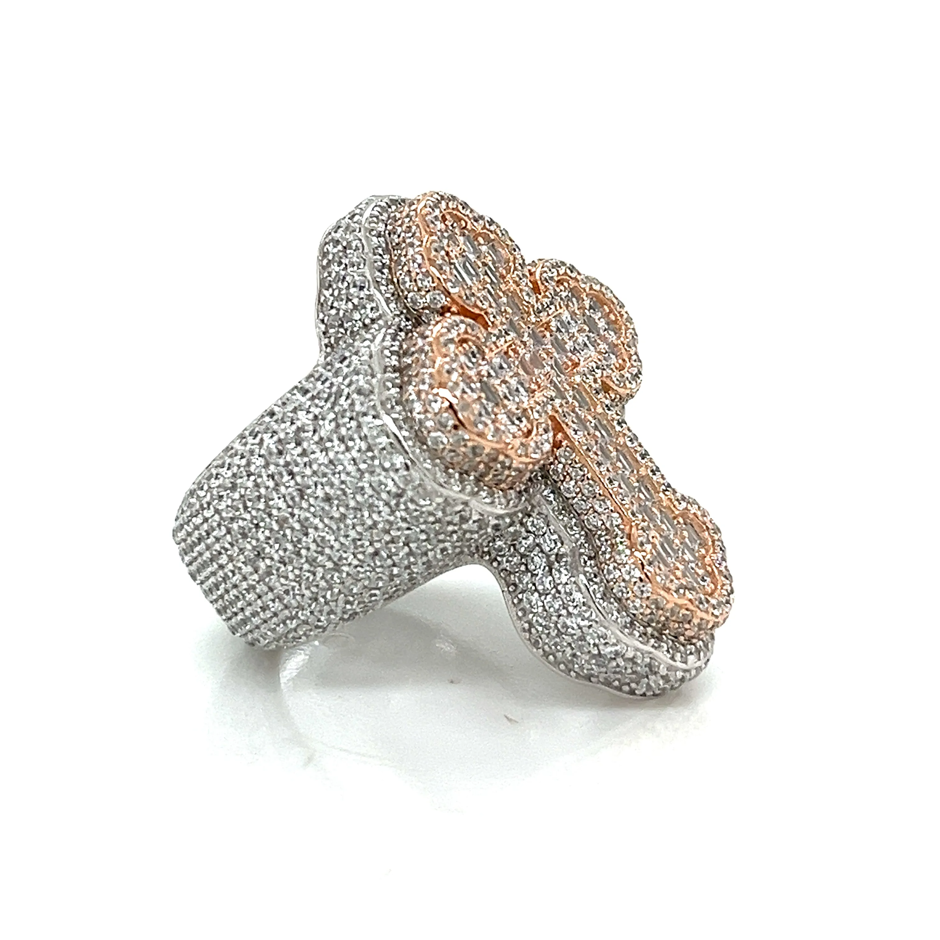 925 Cubic Zirconia Two Tone Silver-Rose 3D Cross Ring - C100059