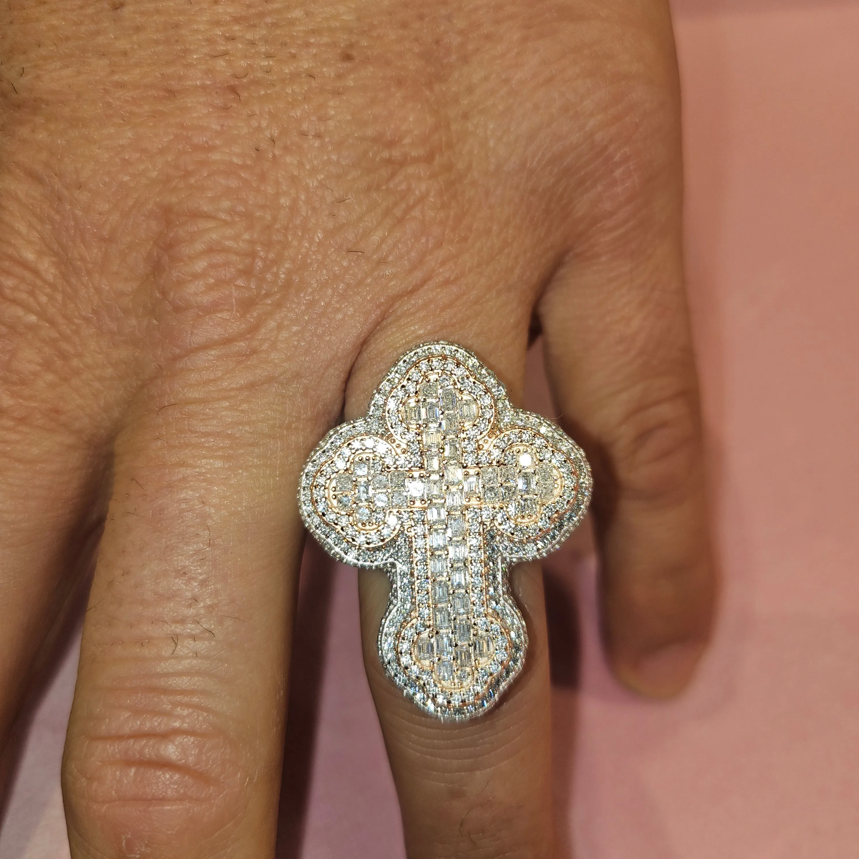 925 Cubic Zirconia Two Tone Silver-Rose 3D Cross Ring - C100059