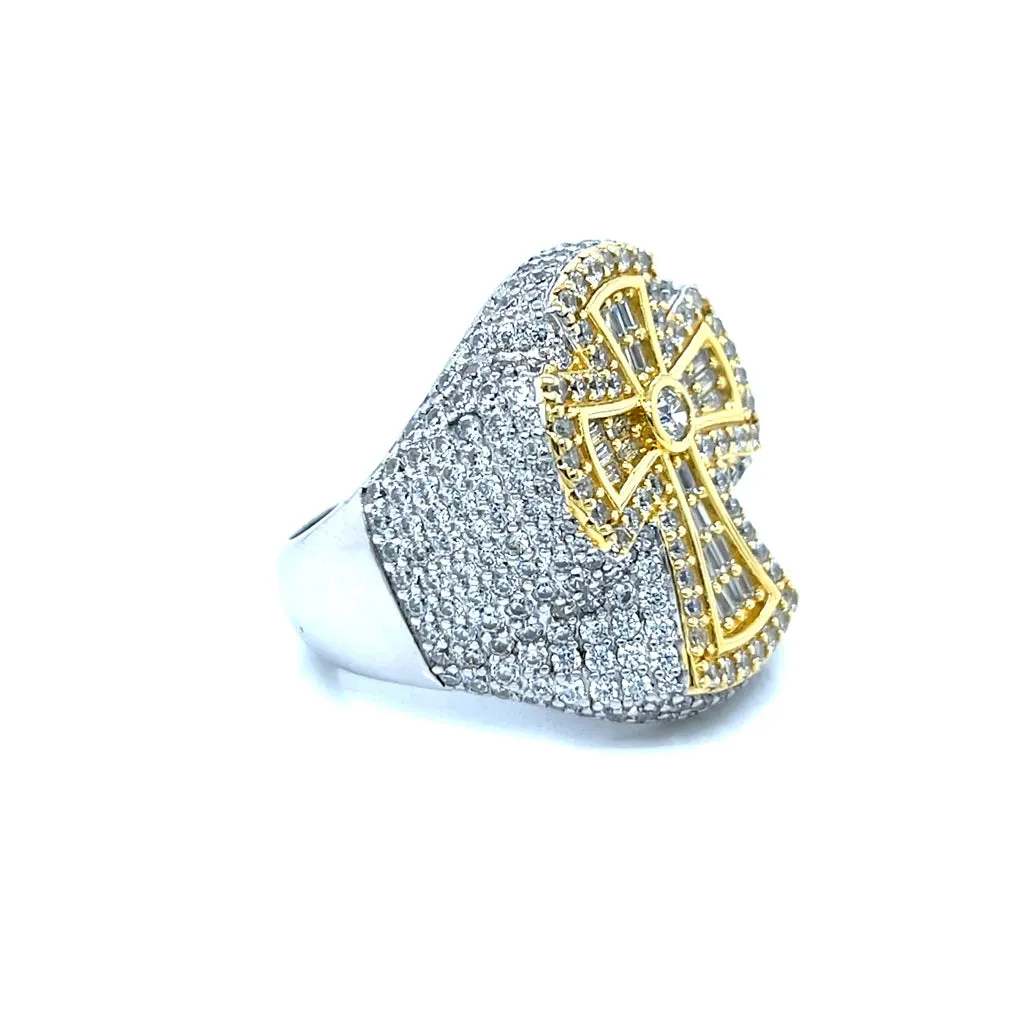 925 Sterling Silver Baguette & Round Cubic Zirconia Cross Ring - C107219