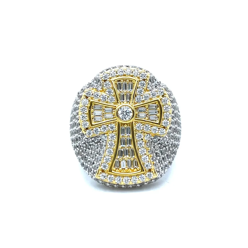925 Sterling Silver Baguette & Round Cubic Zirconia Cross Ring - C107219