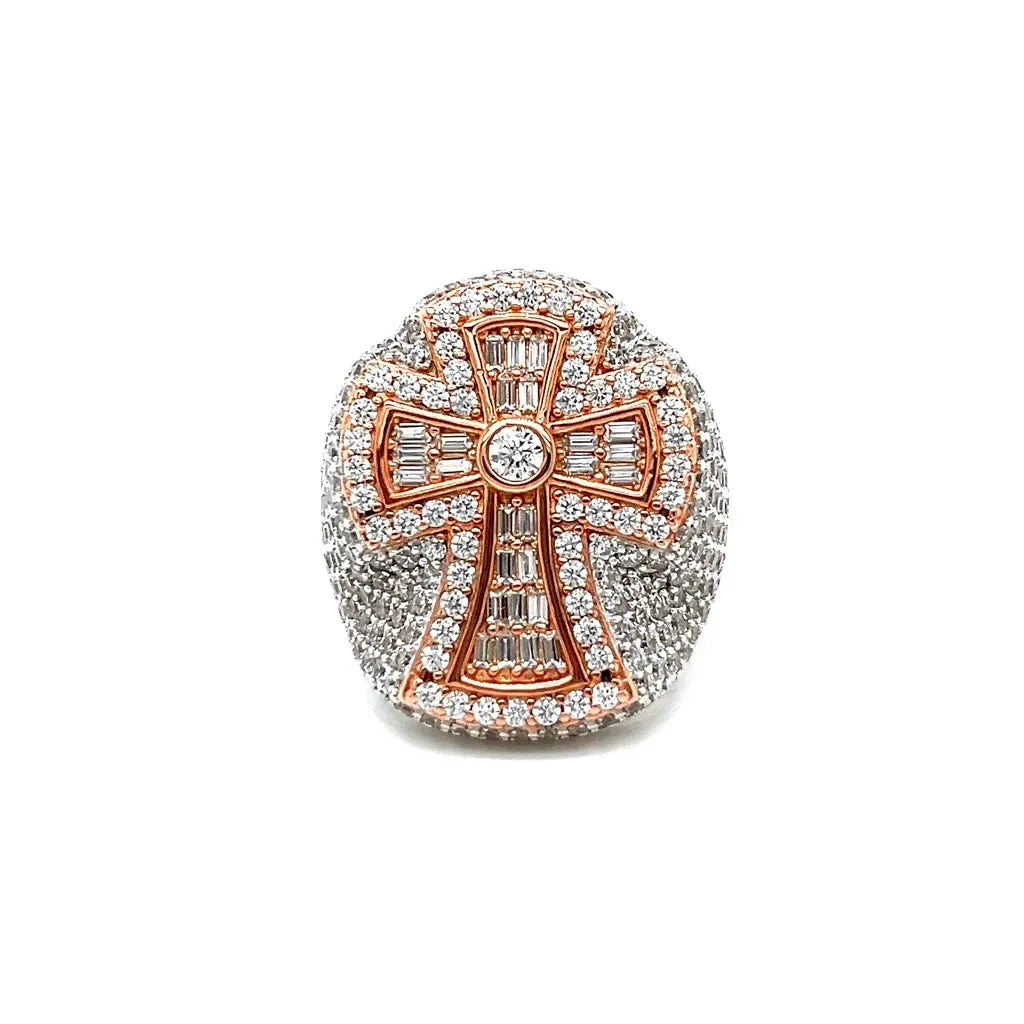 925 Sterling Silver Baguette & Round Cubic Zirconia Cross Ring - C107219
