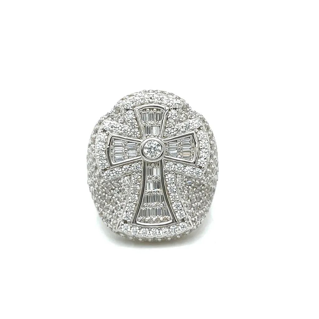 925 Sterling Silver Baguette & Round Cubic Zirconia Cross Ring - C107219