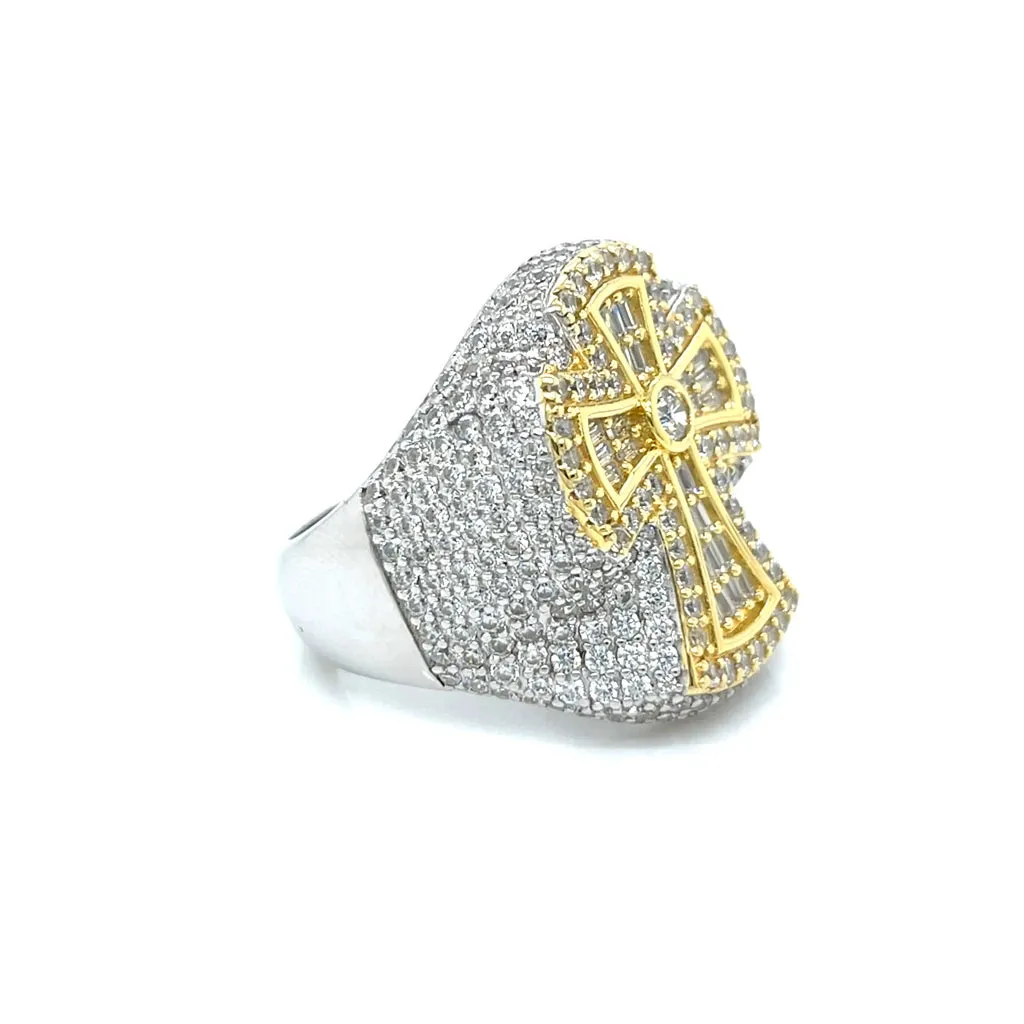 925 Sterling Silver Baguette & Round Cubic Zirconia Cross Ring - C107219