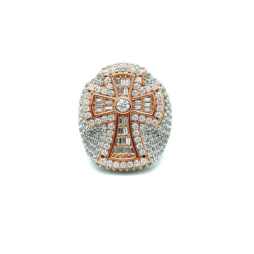 925 Sterling Silver Baguette & Round Cubic Zirconia Cross Ring - C107219