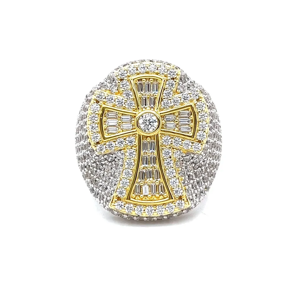 925 Sterling Silver Baguette & Round Cubic Zirconia Cross Ring - C107219