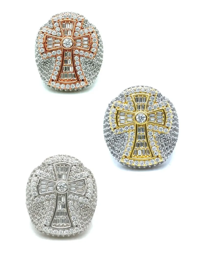925 Sterling Silver Baguette & Round Cubic Zirconia Cross Ring - C107219