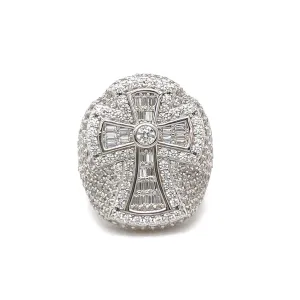 925 Sterling Silver Baguette & Round Cubic Zirconia Cross Ring - C107219