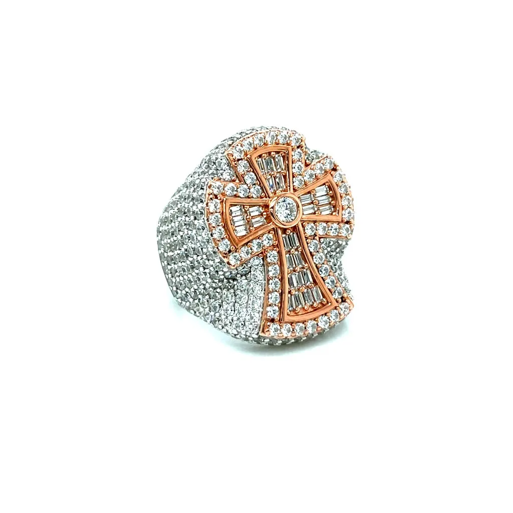 925 Sterling Silver Baguette & Round Cubic Zirconia Cross Ring - C107219