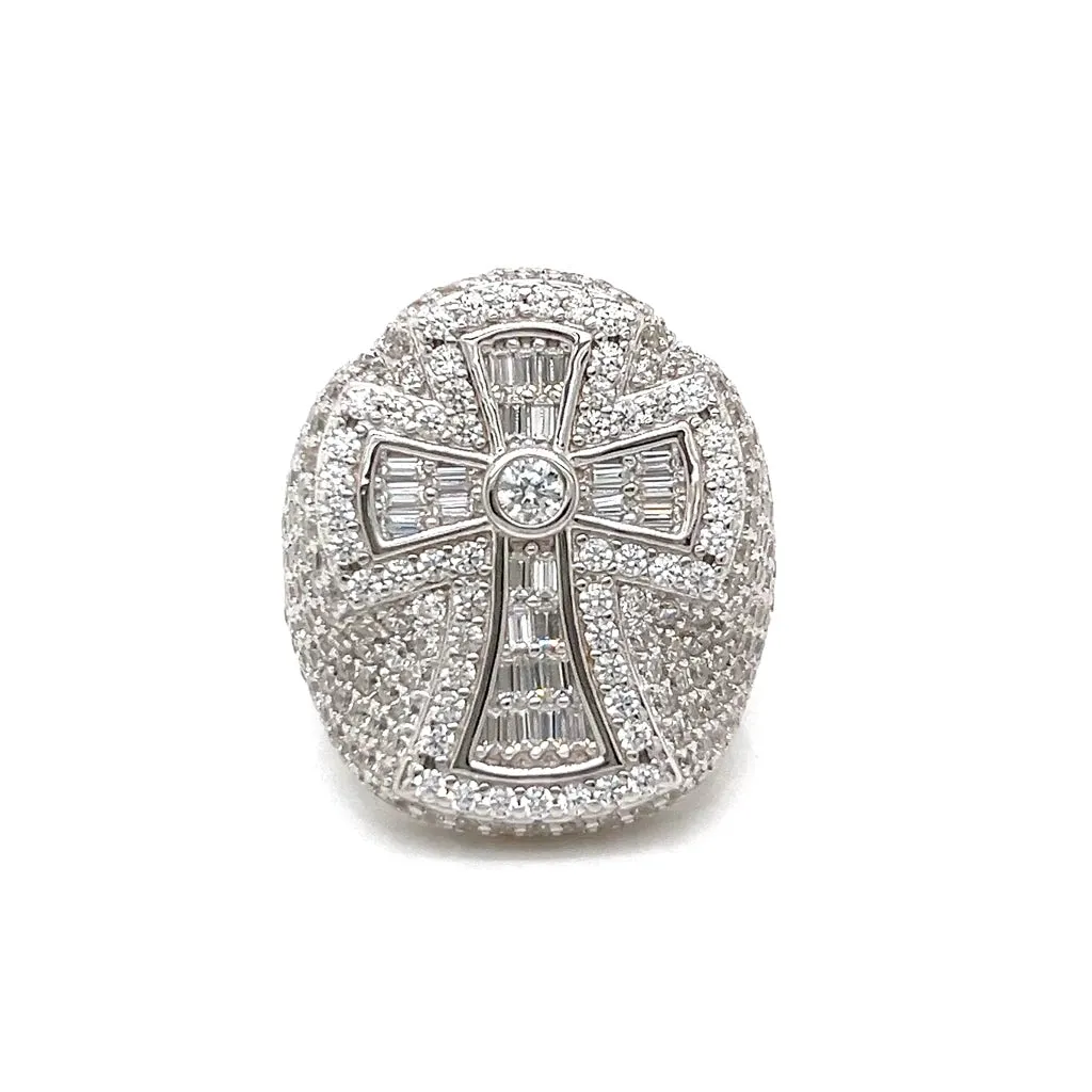 925 Sterling Silver Baguette & Round Cubic Zirconia Cross Ring - C107219