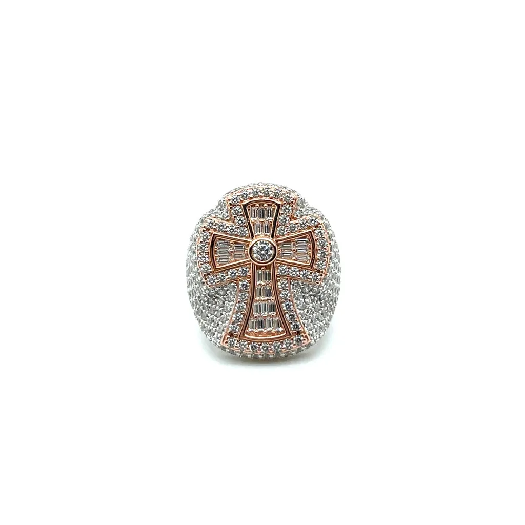 925 Sterling Silver Baguette & Round Cubic Zirconia Cross Ring - C107219