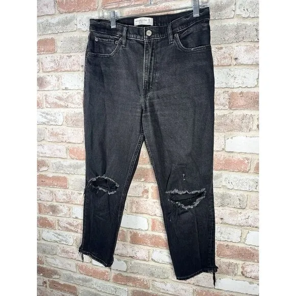 Abercrombie &amp; Fitch &quot;The‎ Mom High Rise&quot; Cropped Black Jeans Sz 28 Waist