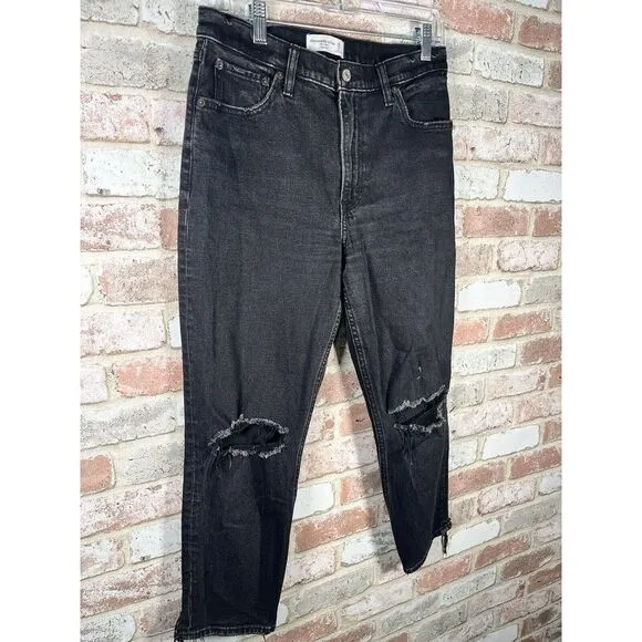 Abercrombie &amp; Fitch &quot;The‎ Mom High Rise&quot; Cropped Black Jeans Sz 28 Waist