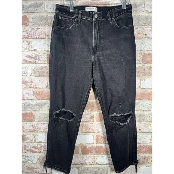 Abercrombie &amp; Fitch &quot;The‎ Mom High Rise&quot; Cropped Black Jeans Sz 28 Waist