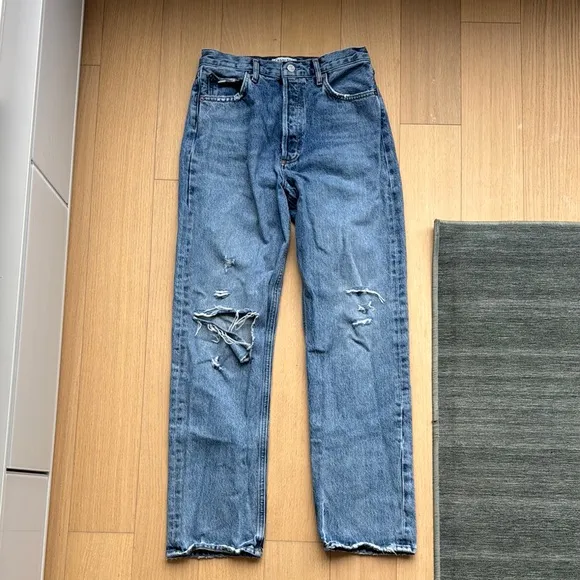 Agolde High Rise Blue Jeans with Distressed Details