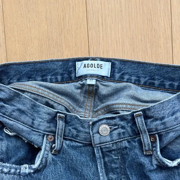 Agolde High Rise Blue Jeans with Distressed Details