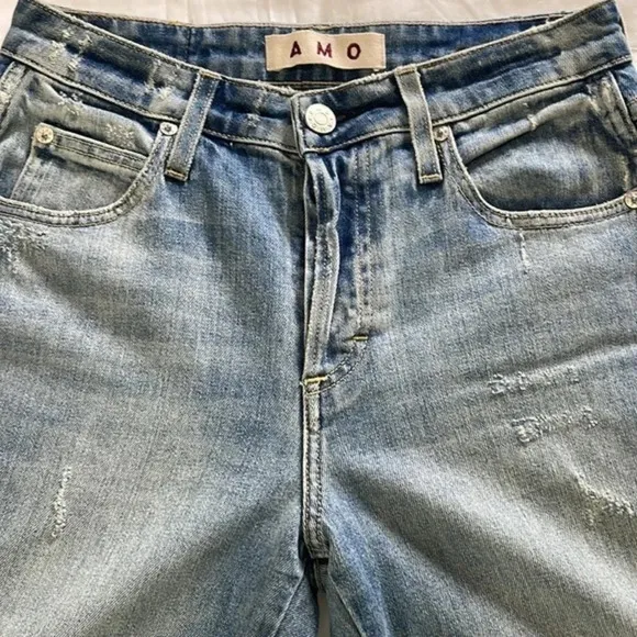 AMO Babe Sweet Cheeks Jeans Women’s Size 27 Blue Raw Hem Button Fly‎ Ankle Denim