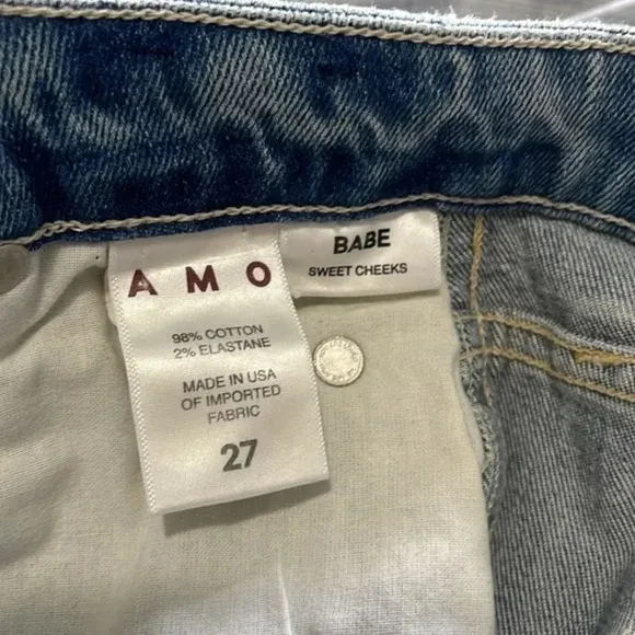 AMO Babe Sweet Cheeks Jeans Women’s Size 27 Blue Raw Hem Button Fly‎ Ankle Denim