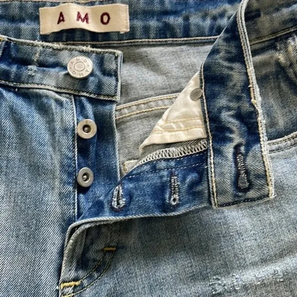 AMO Babe Sweet Cheeks Jeans Women’s Size 27 Blue Raw Hem Button Fly‎ Ankle Denim