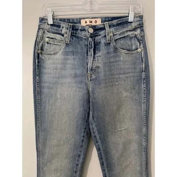 AMO Babe Sweet Cheeks Jeans Women’s Size 27 Blue Raw Hem Button Fly‎ Ankle Denim