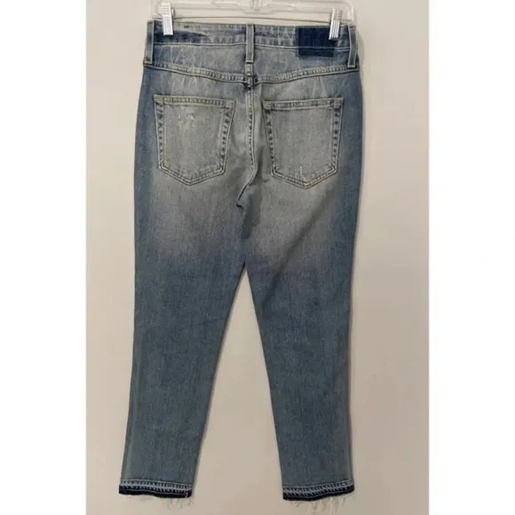 AMO Babe Sweet Cheeks Jeans Women’s Size 27 Blue Raw Hem Button Fly‎ Ankle Denim
