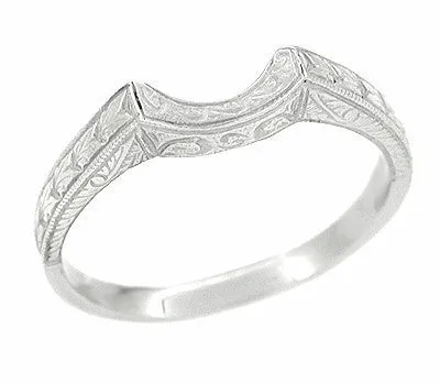 Antique Art Deco Carved Wheat and Scrolls Curved Wedding Band in Platinum