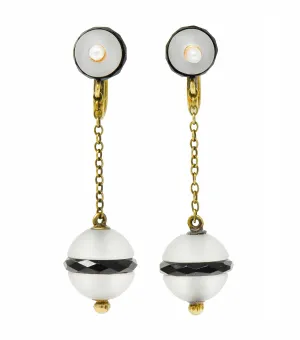 Art Nouveau Onyx Rock Crystal Pearl 14 Karat Gold Drop Earrings