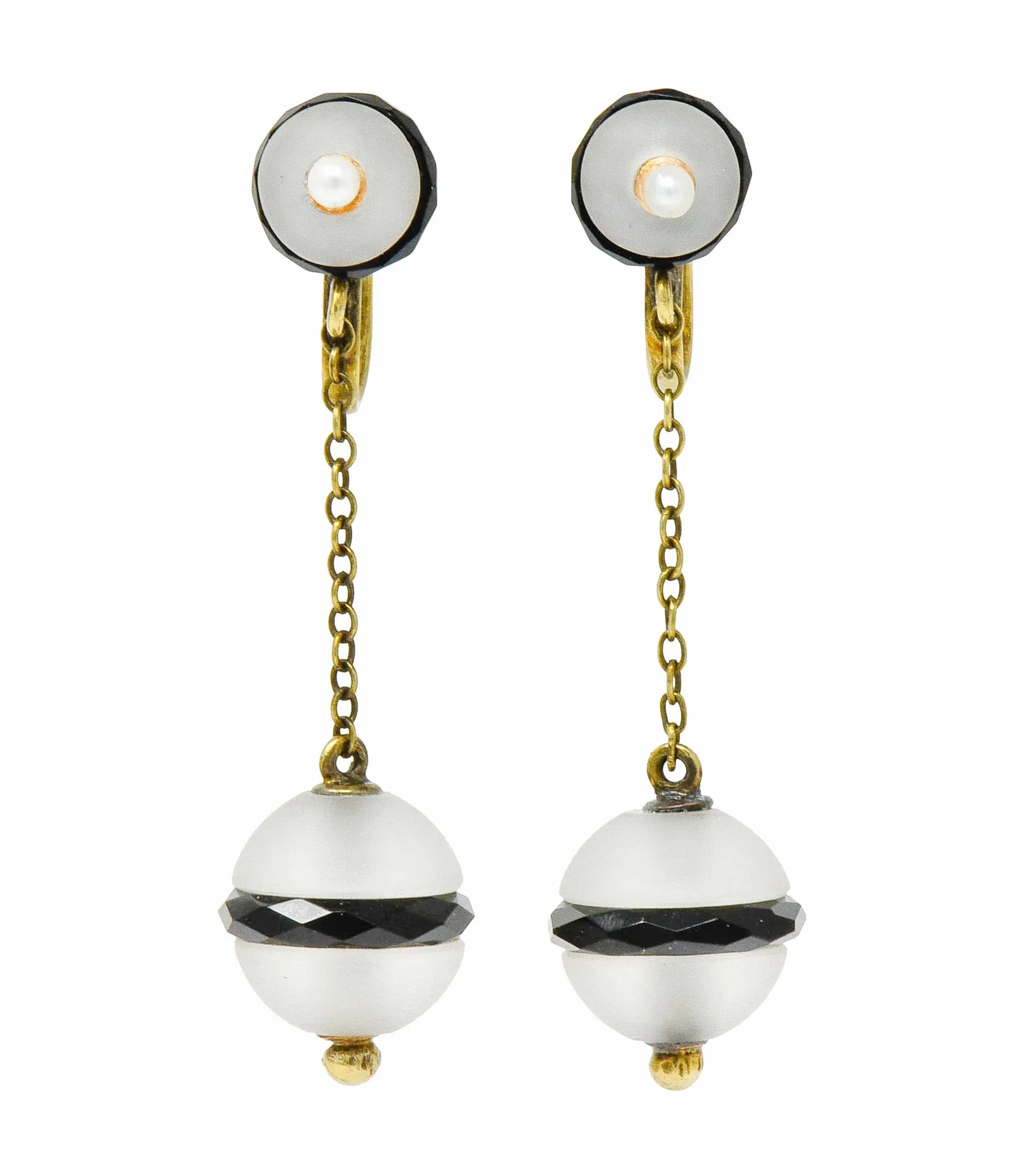Art Nouveau Onyx Rock Crystal Pearl 14 Karat Gold Drop Earrings