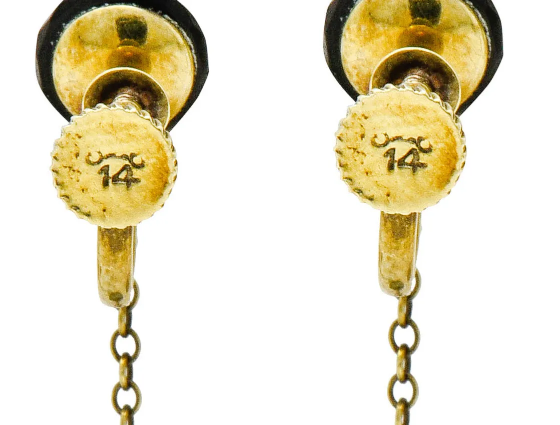 Art Nouveau Onyx Rock Crystal Pearl 14 Karat Gold Drop Earrings