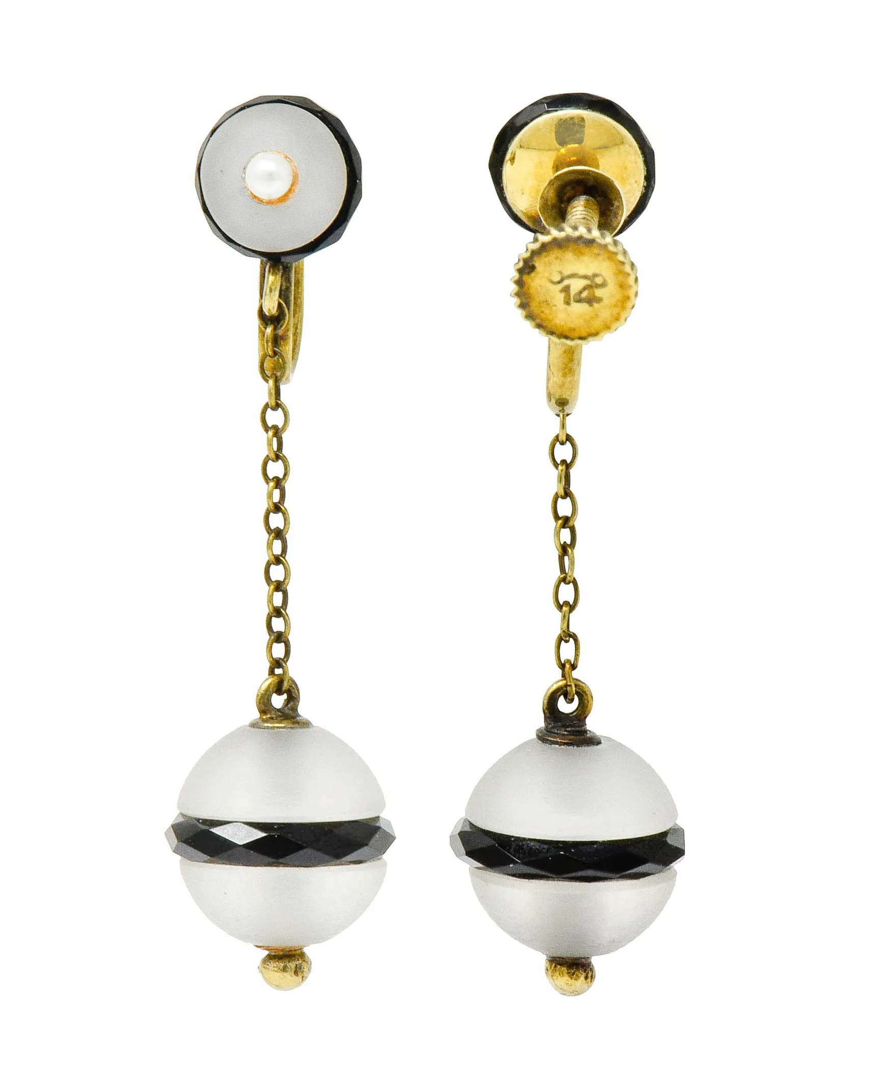 Art Nouveau Onyx Rock Crystal Pearl 14 Karat Gold Drop Earrings