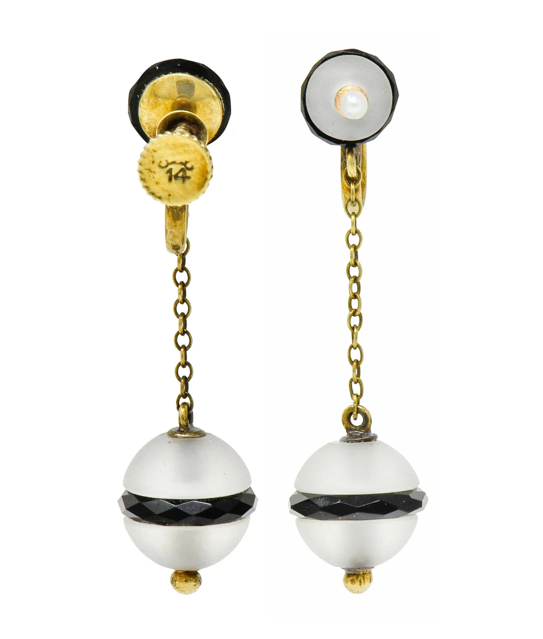 Art Nouveau Onyx Rock Crystal Pearl 14 Karat Gold Drop Earrings
