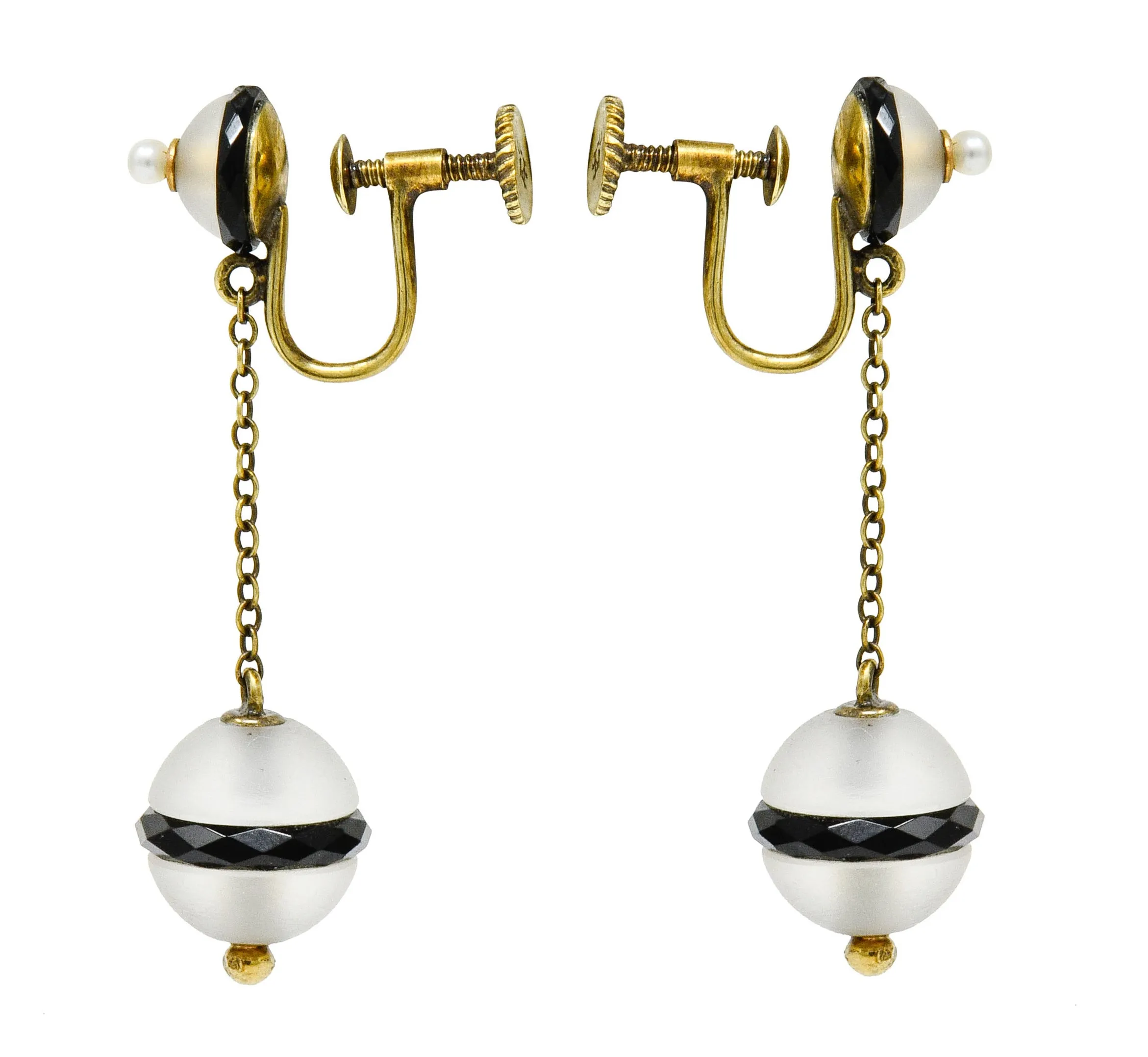 Art Nouveau Onyx Rock Crystal Pearl 14 Karat Gold Drop Earrings