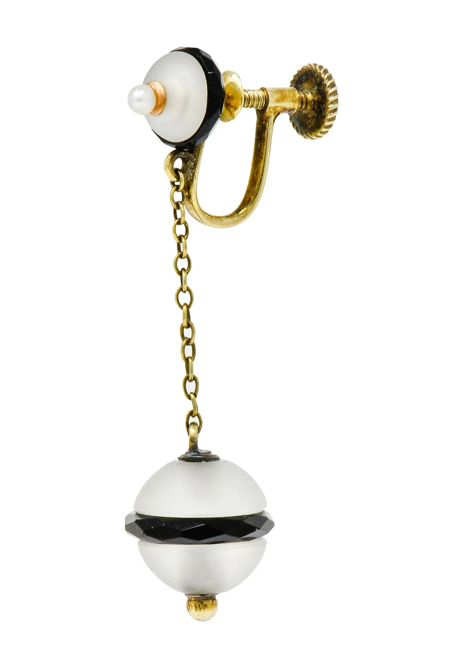 Art Nouveau Onyx Rock Crystal Pearl 14 Karat Gold Drop Earrings