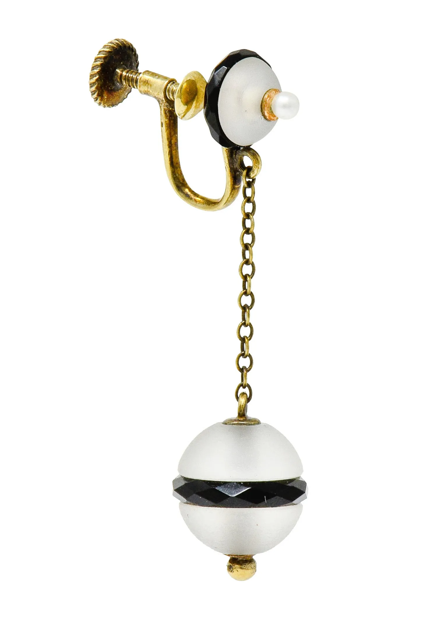 Art Nouveau Onyx Rock Crystal Pearl 14 Karat Gold Drop Earrings