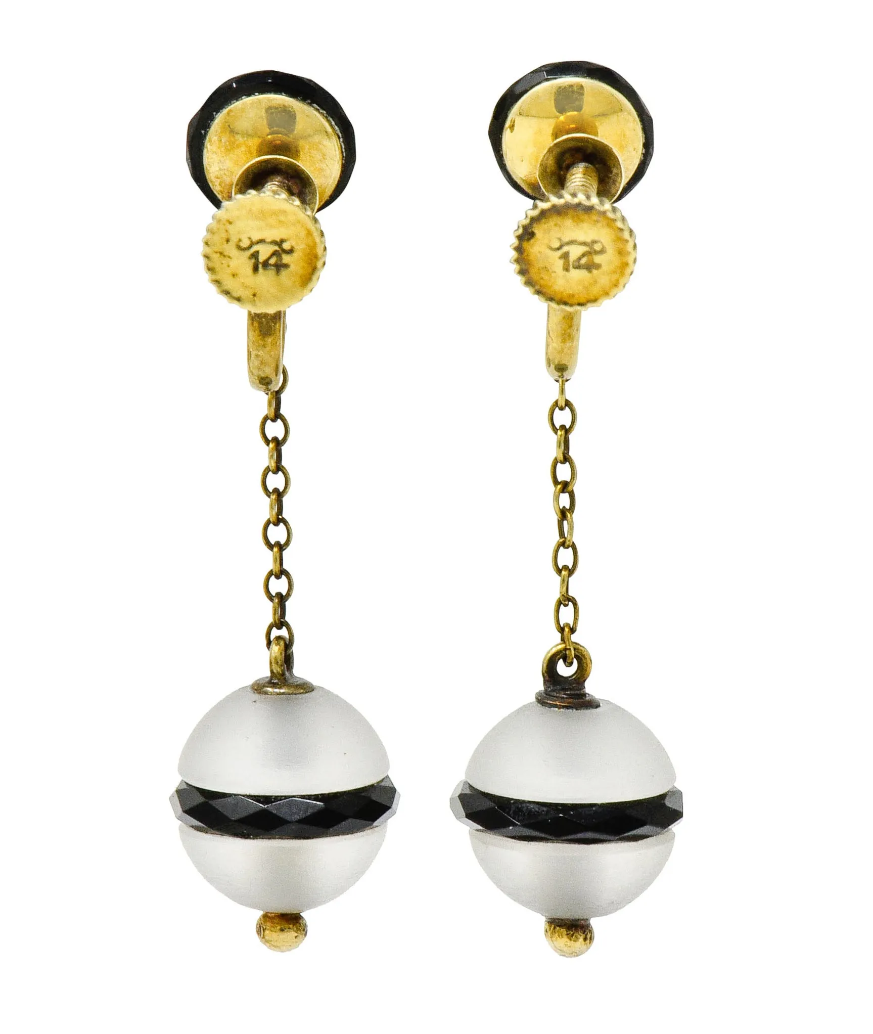Art Nouveau Onyx Rock Crystal Pearl 14 Karat Gold Drop Earrings