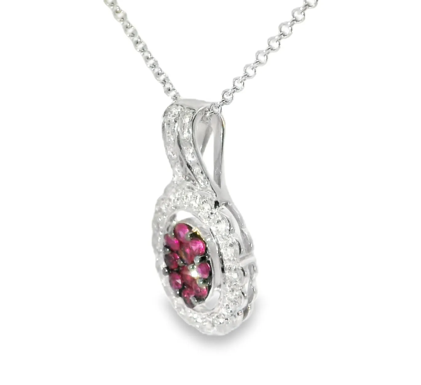 Beautiful Estate 14K White Gold Ruby Rubies Diamond Filigree Pendant