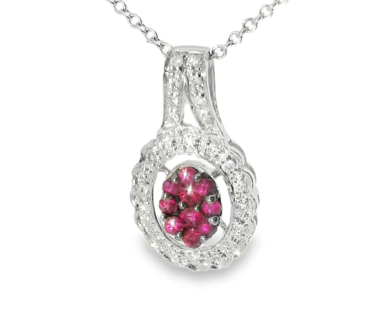 Beautiful Estate 14K White Gold Ruby Rubies Diamond Filigree Pendant