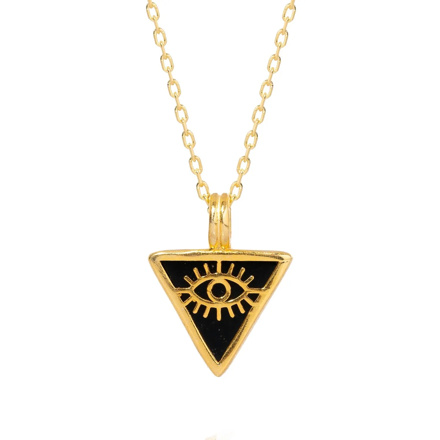 Black Onyx & Gold Triangle Pendant Evil Eye Talisman Necklace