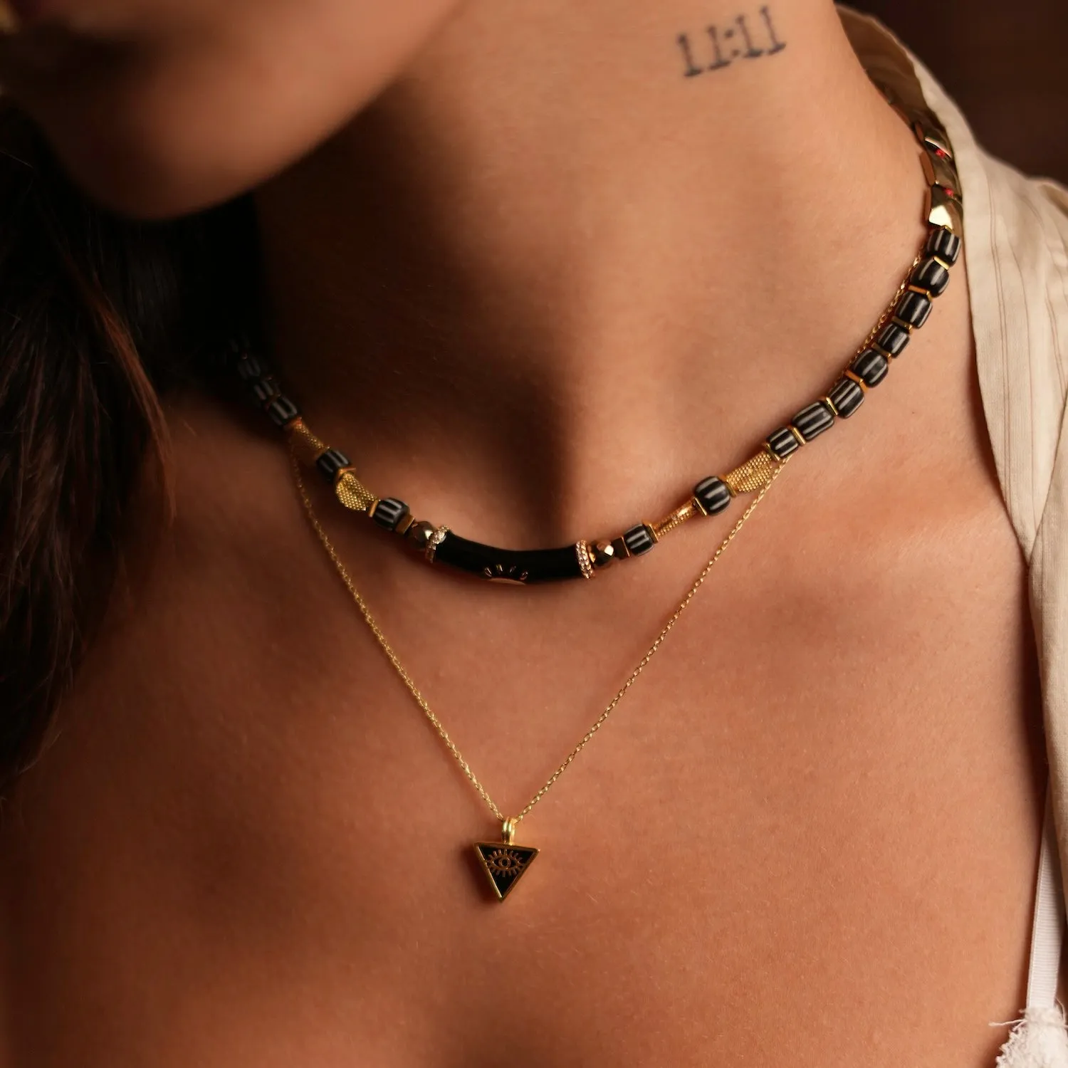 Black Onyx & Gold Triangle Pendant Evil Eye Talisman Necklace