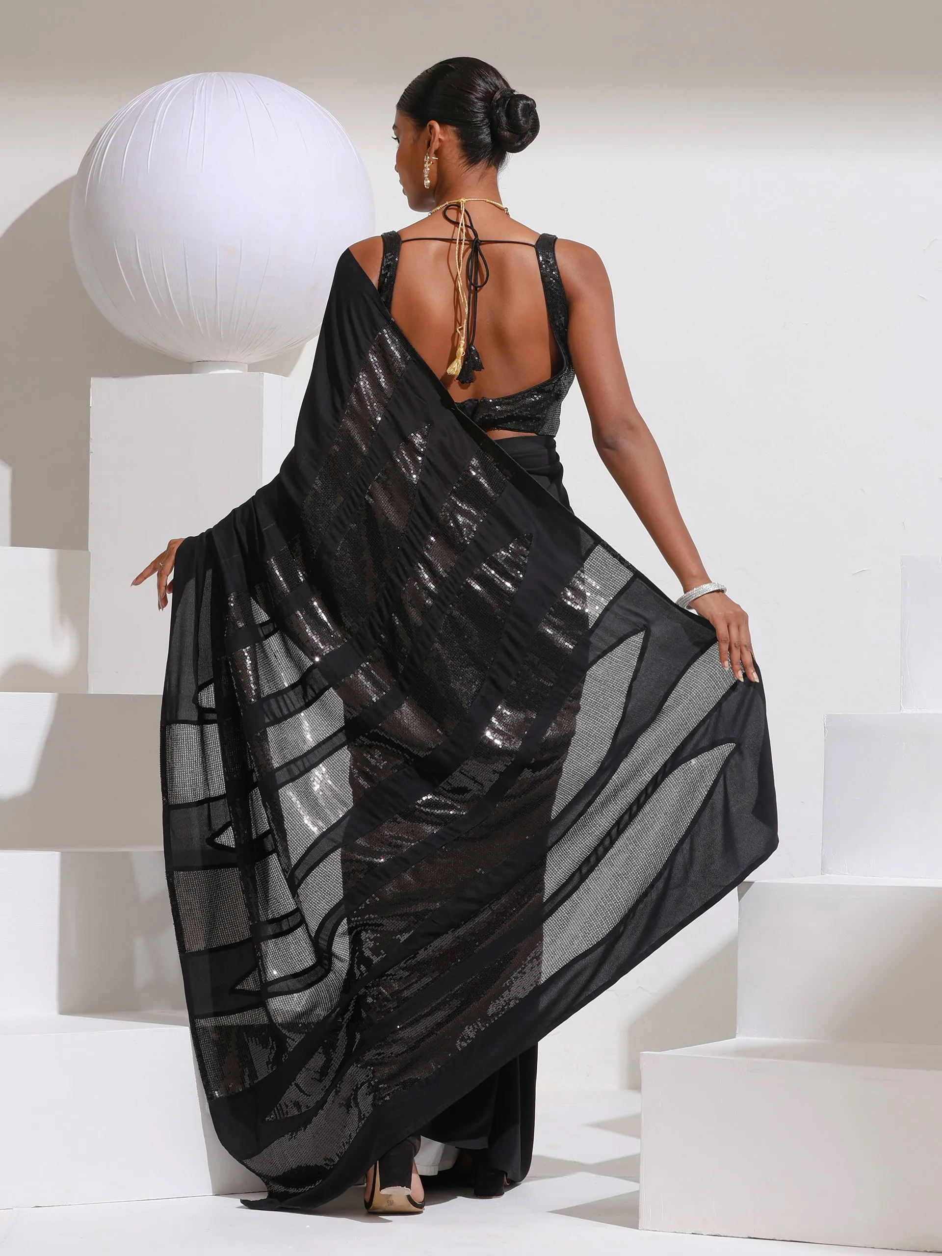 Black Red Carpet Look Saree with Black Sequins Patch work